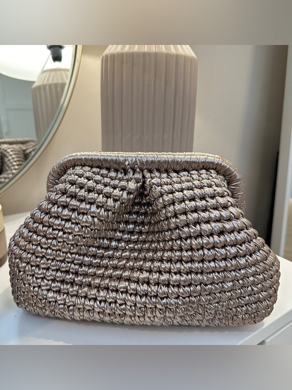 Luxury Hand Woven Metallic Pewter Crochet Clutch Purse